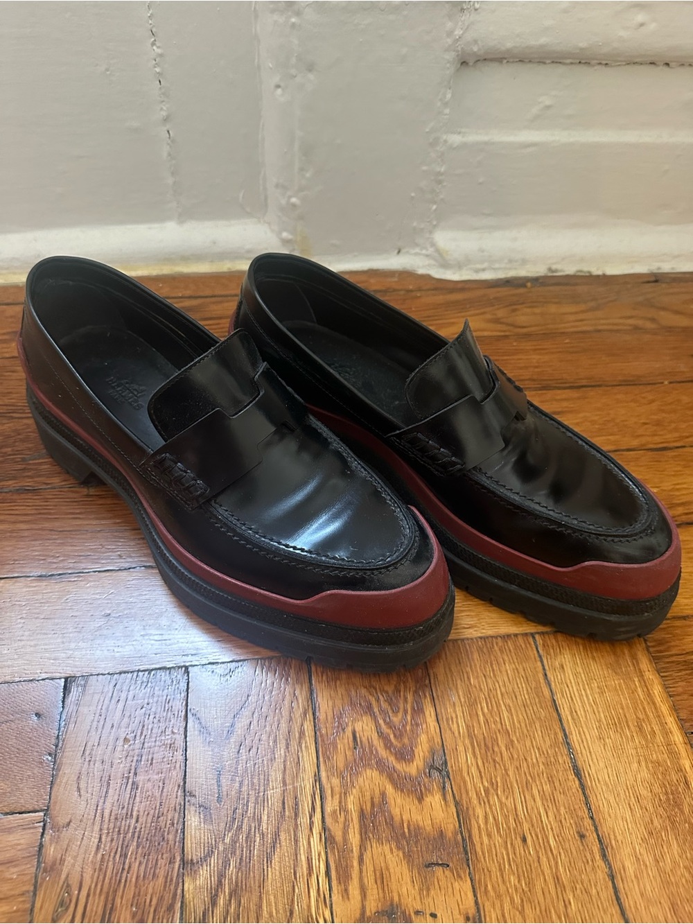 Hermes Women’s Black Chunky Loafers with Red Burgundy Trim 38
